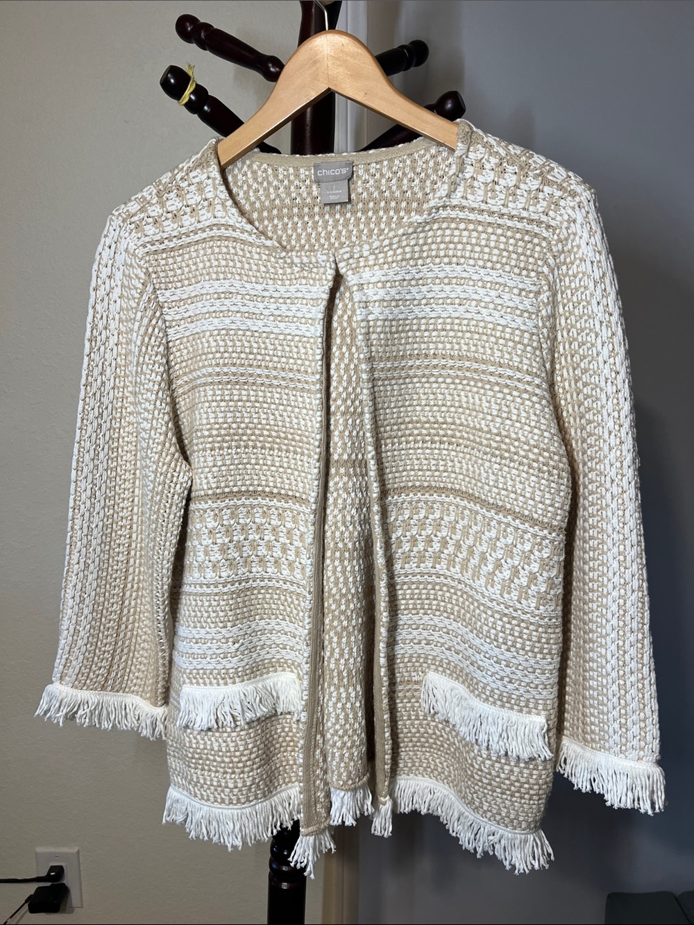 Chico's Cream and White Fringe Knit Open-Front Sweater Jacket
